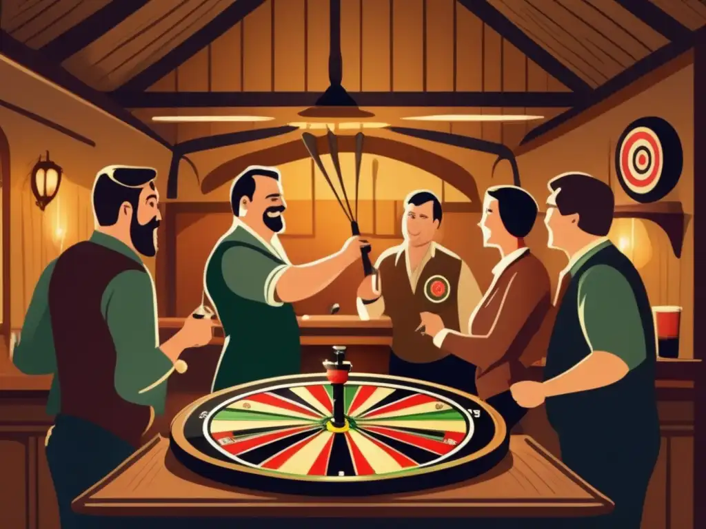 Un acogedor pub europeo con gente jugando dardos, evocando nostalgia y camaradería. <b>Evolución del juego de dardos en Europa.