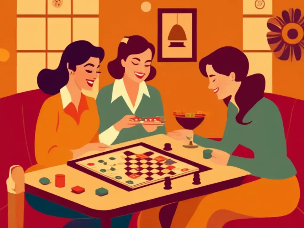 Un acogedor salón vintage ilustra a mujeres disfrutando de juegos de mesa, expresando alegría y concentración. <b>Mujeres en juegos de mesa.