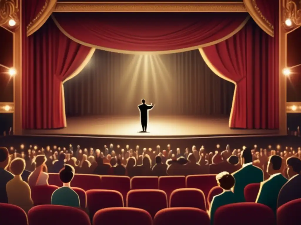 Un actor en un escenario teatral recibe aplausos de una multitud borrosa. Búsqueda de aprobación en videojuegos competitivos.