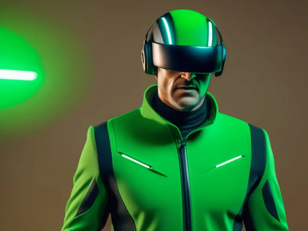 Un actor en traje de captura de movimiento interpreta un personaje de videojuego frente a una pantalla verde, evocando emoción y movimiento. <b>Actuación en la creación de personajes en videojuegos.