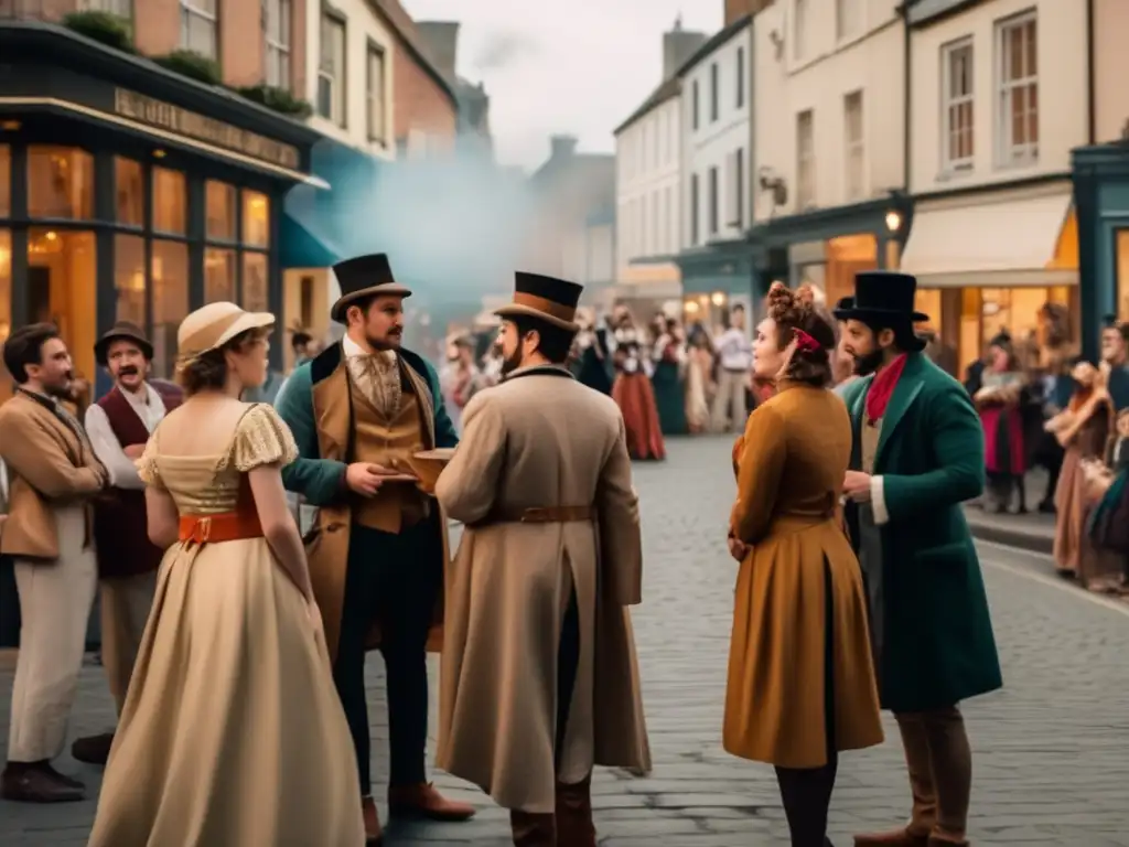 Actores de teatro en vivo con trajes vintage, inmersos en sus personajes en una bulliciosa calle. <b>Conexión juegos rol vivo teatro.