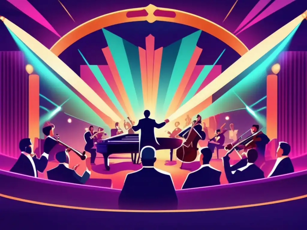 Una ilustración vintage de una actuación en vivo de música de videojuegos, con una orquesta virtual, un dinámico director y un público cautivado.