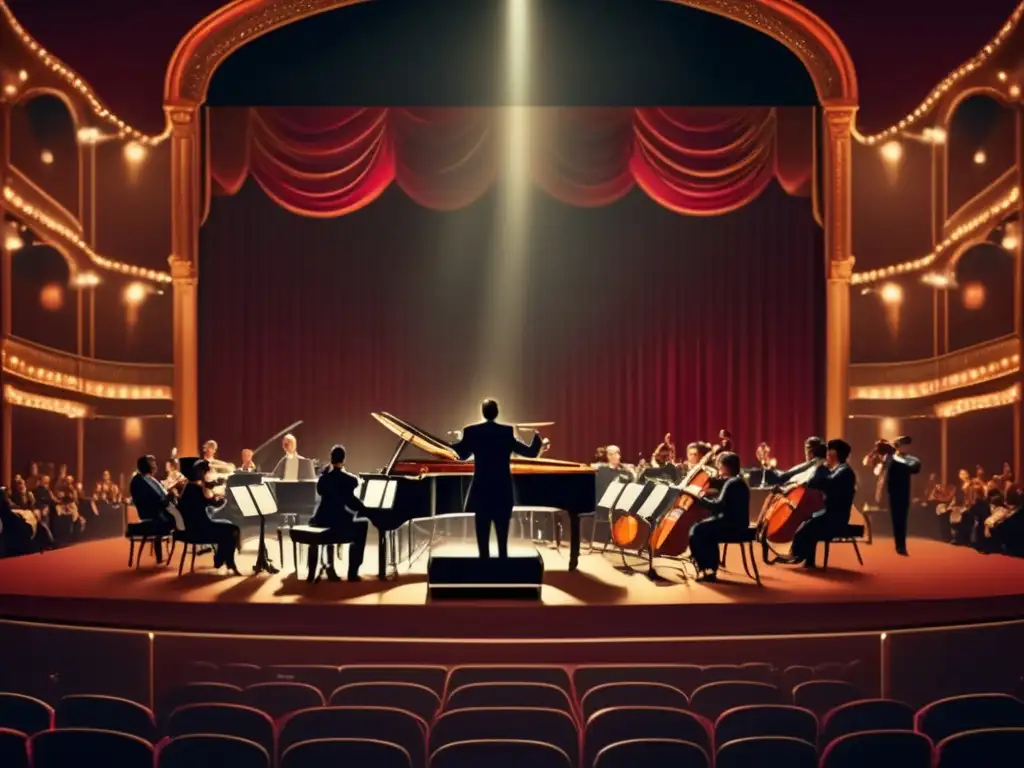 Actuaciones en vivo de música de videojuegos: Orquesta vintage en escenario, con músicos y público vestidos de época, en elegante sala de conciertos.