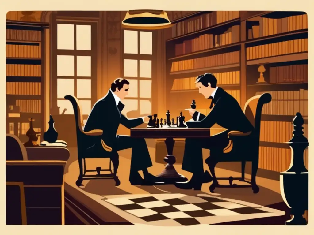 Sherlock Holmes y Dr. Watson juegan ajedrez en 221B Baker Street, creando una atmósfera misteriosa y acogedora. <b>La imagen captura la esencia de la estrategia del ajedrez y la literatura de Arthur Conan Doyle.