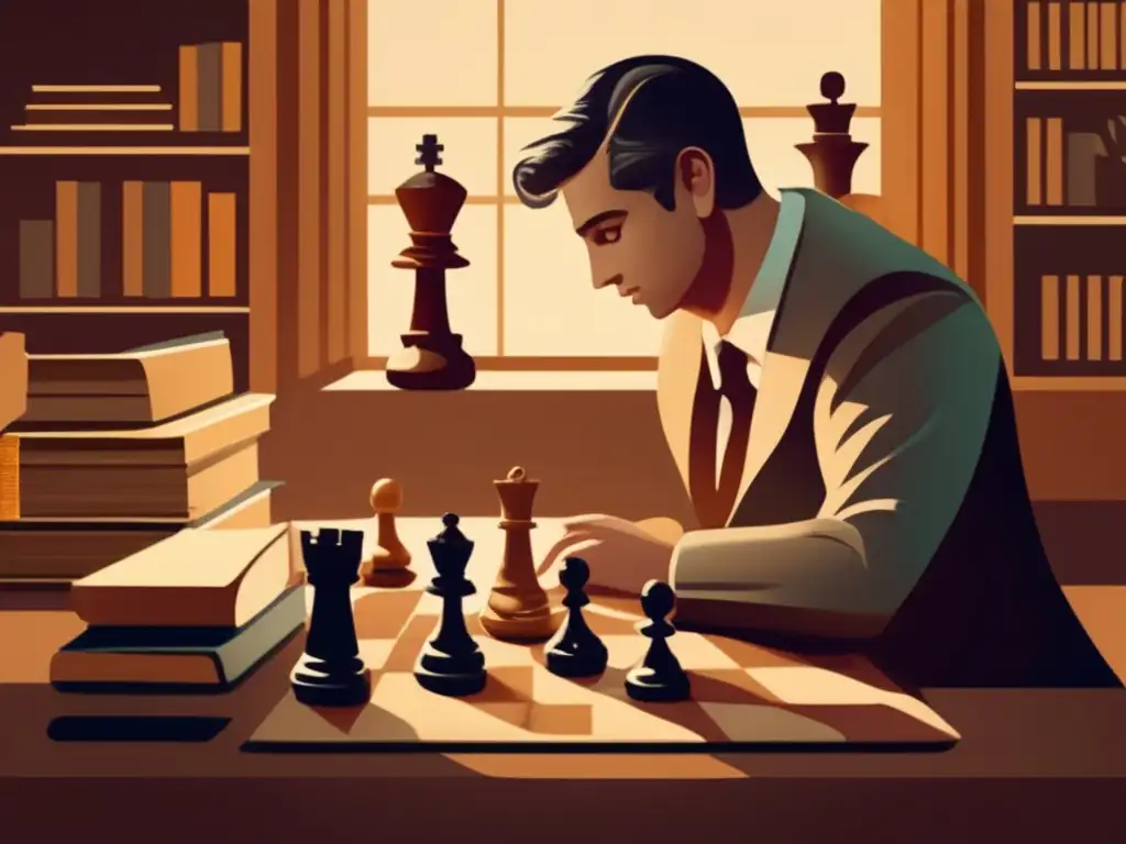 'Ilustración vintage de ajedrez con ambiente sereno y libros, evocando beneficios terapéuticos del ajedrez.'