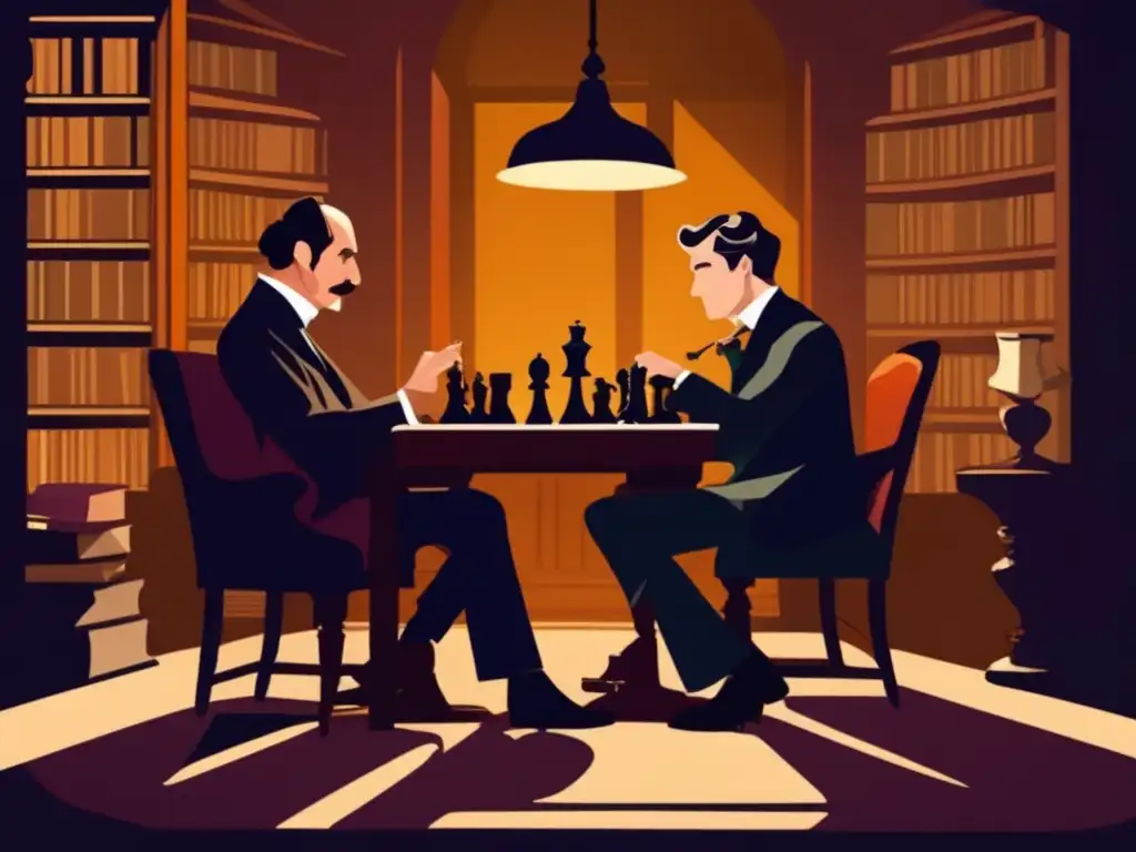 Sherlock Holmes y el Dr. Watson juegan ajedrez en un estudio antiguo, creando una atmósfera de misterio e intelectualidad.