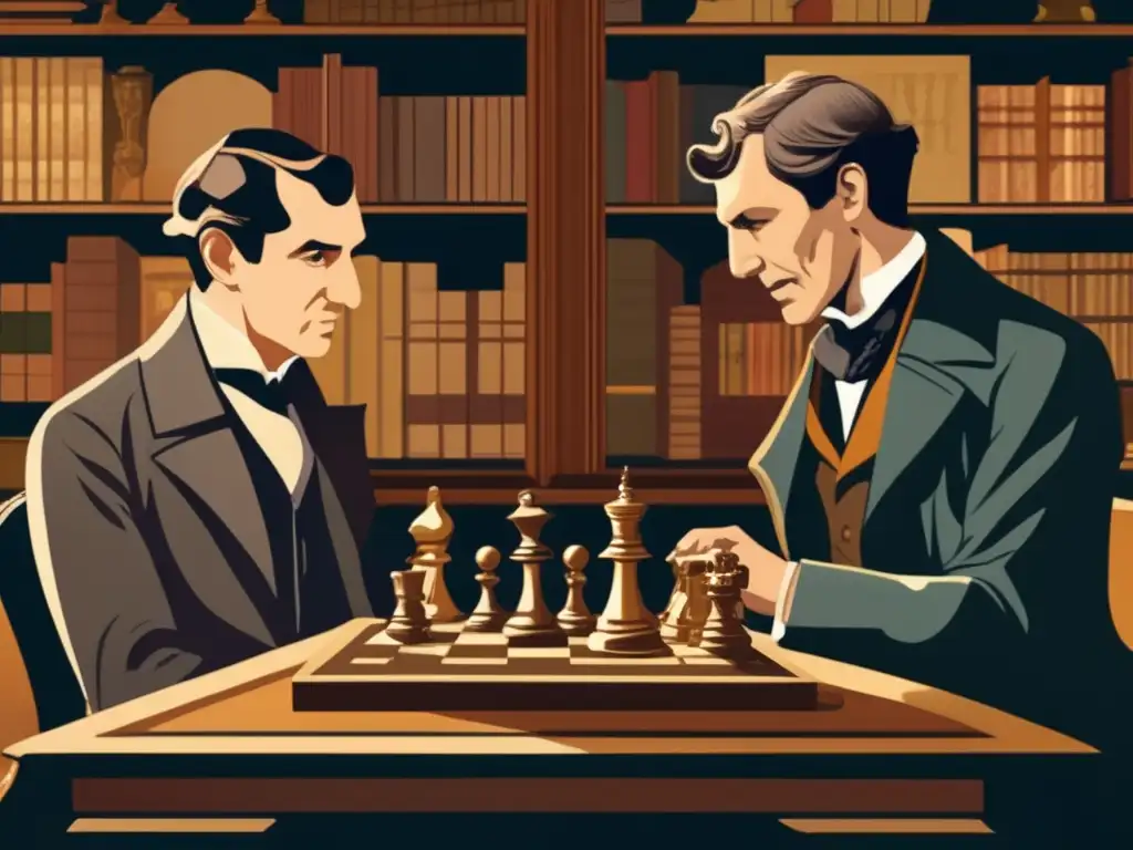 Sherlock Holmes y Dr. Watson juegan ajedrez en un estudio vintage, creando una atmósfera misteriosa y intelectual.