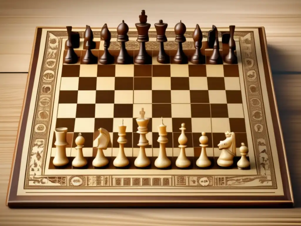Un ajedrez histórico, tallado en marfil con figuras de antiguas civilizaciones, sobre un tablero de madera. <b>Origen histórico del ajedrez.