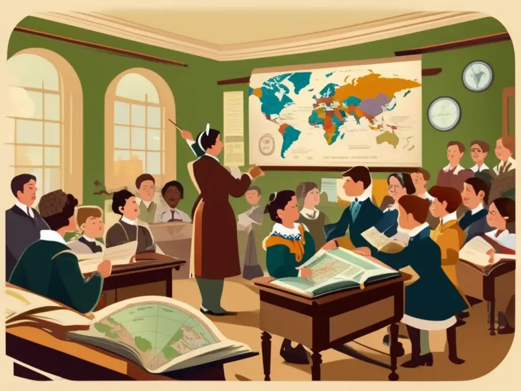 En el ajetreado aula del siglo XIX, la maestra imparte una lección de historia y ciencia, rodeada de estudiantes entusiastas. <b>El ambiente nostálgico y la calidez de la ilustración capturan la esencia del aprendizaje de historia y ciencia.