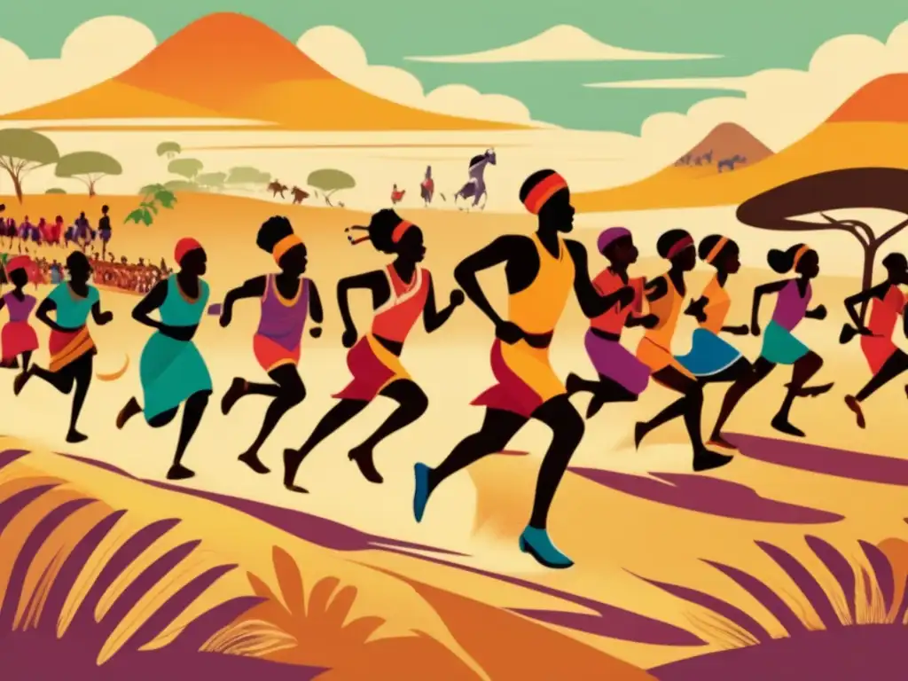 Una ilustración vintage de aldeanos africanos participando en una carrera tradicional, con colores vibrantes y detalles intrincados que capturan la energía y el espíritu del evento. Los corredores se muestran en plena zancada, levantando polvo al correr por la sabana, con espectadores