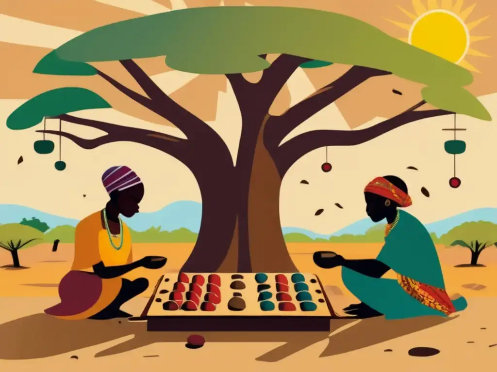 Dos aldeanos africanos juegan mancala bajo un baobab centenario, entre piezas de colores. <b>La escena irradia tradición, estrategia y comunidad en la cálida atmósfera africana.</b> <b>Mancala, estrategia, cosechas, arena africana.