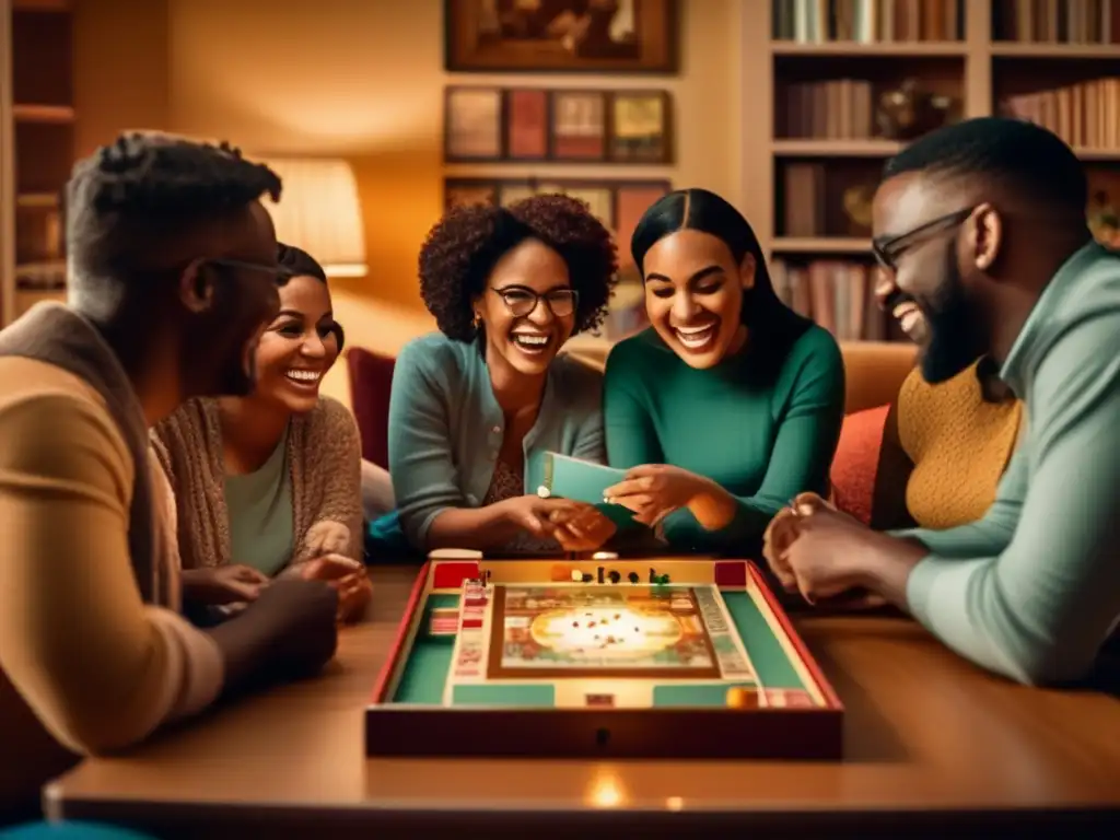 Un ambiente acogedor con amigos disfrutando de un juego de mesa vintage, evocando nostalgia y compañerismo. <b>Ambiente educativo y de conocimientos.