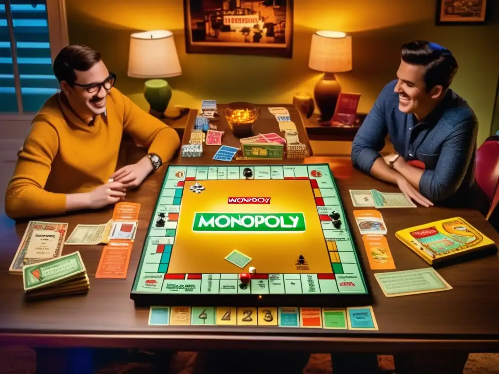Un ambiente acogedor de los años 60, con amigos disfrutando de juegos clásicos como Monopoly, Scrabble y Clue, destacando el impacto cultural y social de los juegos de mesa en esa época.