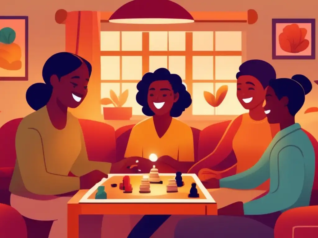 Un ambiente acogedor de diversión y conexión, con personas disfrutando de juegos de mesa. <b>Beneficios de ludoterapia en salud mental.