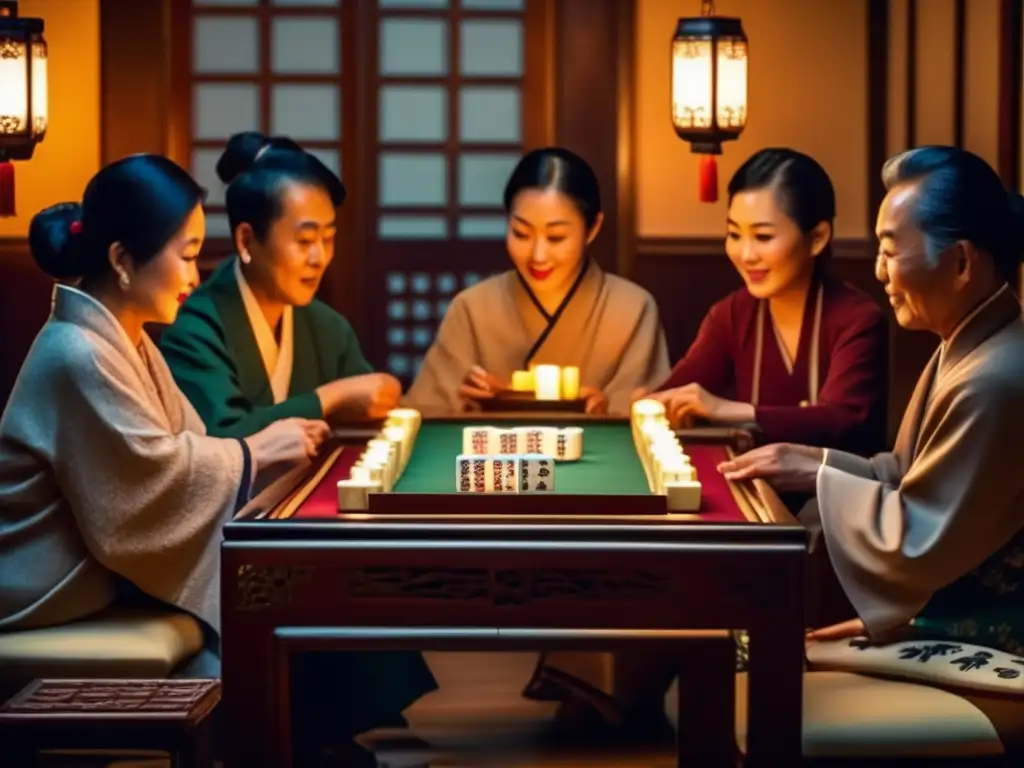 Un ambiente acogedor con gente jugando Mahjong en una habitación tenue, evocando la influencia del Mahjong en la literatura.