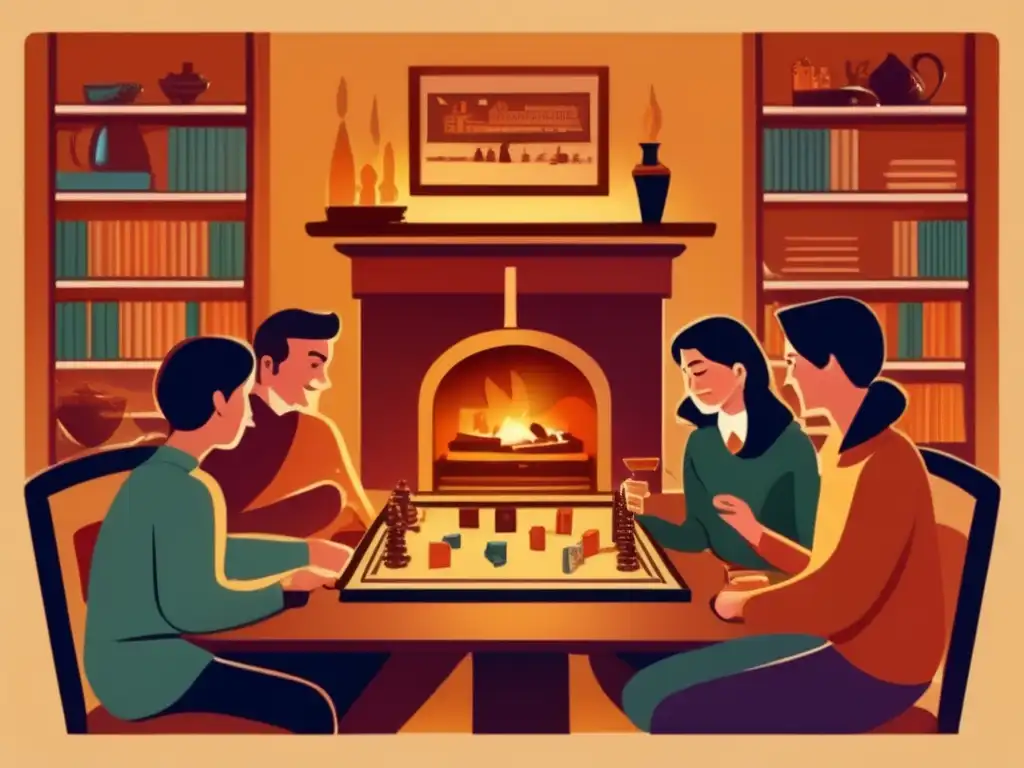 Un ambiente acogedor con gente disfrutando juegos de mesa clásicos frente a la chimenea. <b>Impacto de los juegos en la memoria.