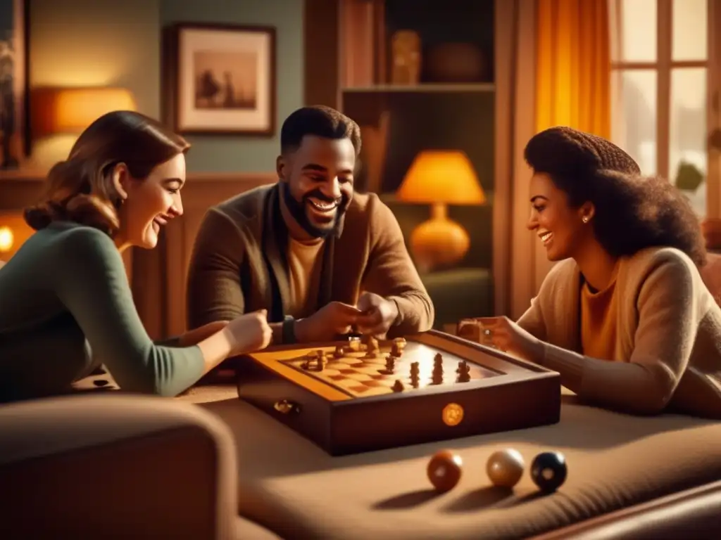 Juego de mesa vintage en sala acogedora: diversión y comunidad Un ambiente acogedor de juego de mesa vintage en una sala cálidamente iluminada. Rehabilitación neuropsicológica estrategias lúdicas