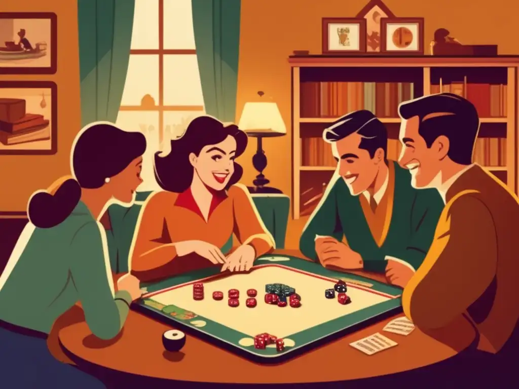Un ambiente cálido y acogedor con personas disfrutando de un juego de mesa vintage, evocando nostalgia y camaradería, que resalta el impacto cultural de los juegos de mesa modernos.