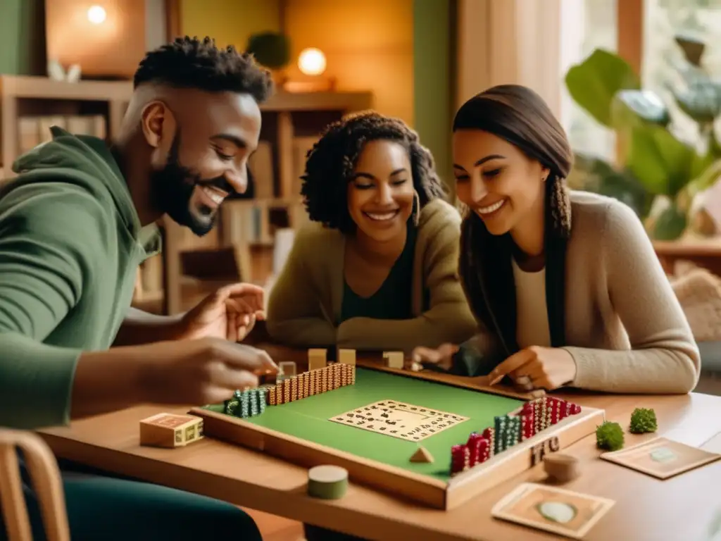 Un ambiente cálido con amigos disfrutando de juegos de mesa ecológicos sostenibles en una acogedora habitación iluminada.