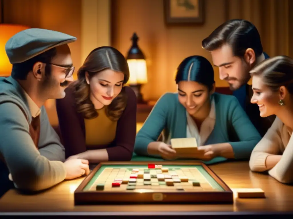 Un ambiente cálido y nostálgico mientras un grupo disfruta de un juego de Scrabble. <b>La imagen irradia un impacto cultural juegos vocabulario.
