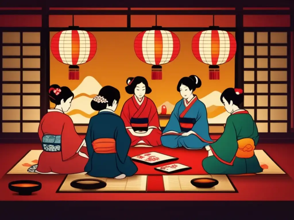 Un ambiente cálido y tradicional japonés, con personas jugando Hanafuda, destaca la historia y el impacto cultural de este juego icónico.