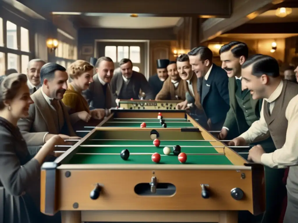 Un ambiente europeo en sepia del siglo XX muestra a personas concentradas jugando futbol de mesa, rodeadas de espectadores animados.