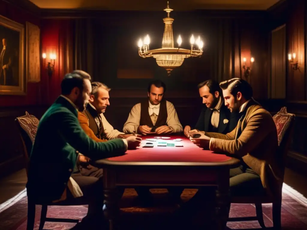 Un ambiente con humo y luz tenue. Hombres en vestimenta del siglo XIX juegan póker en una mesa de madera. <b>Adornos antiguos y retratos reales dan un toque histórico al lugar.</b> <b>Origen histórico del póker en Europa.