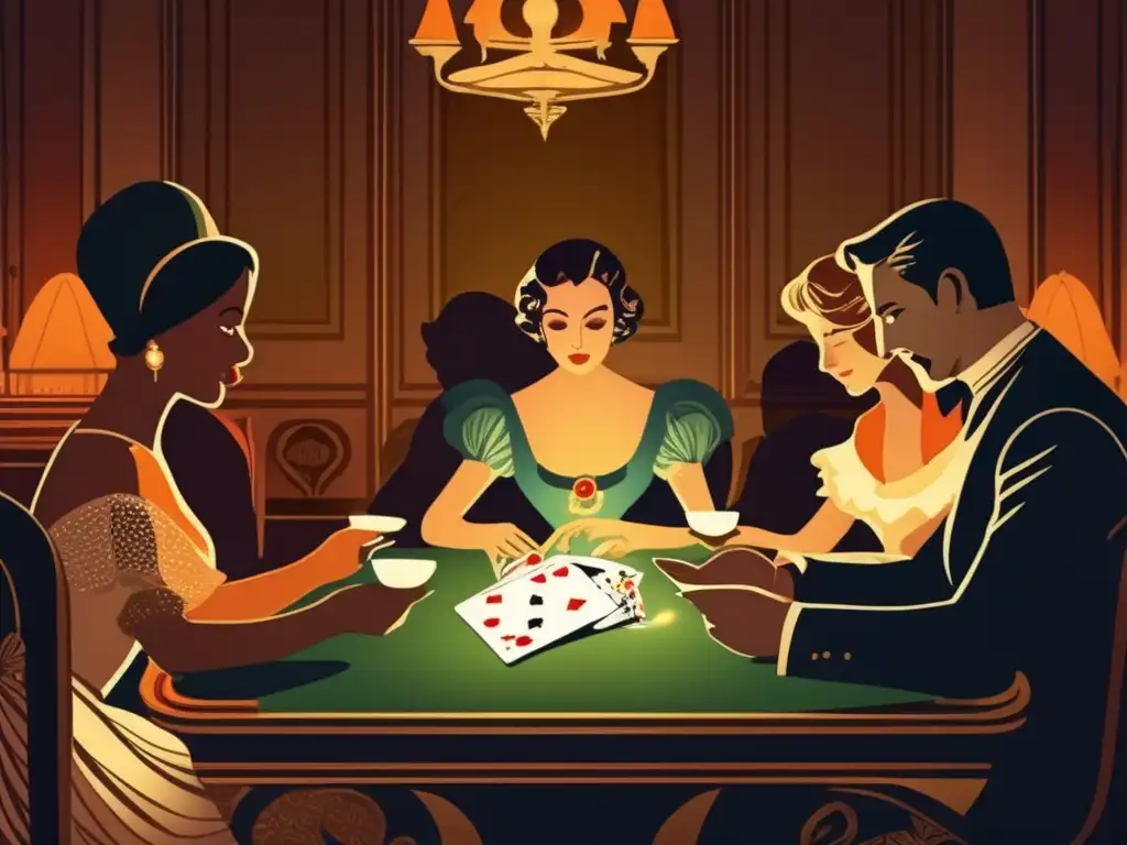 Un ambiente de misterio y emoción envuelve a un grupo de personas en elegante vestimenta del siglo XX, concentradas en un juego de cartas en una habitación ornamental y tenue iluminada por velas. <b>Dinámica de juegos de cartas.