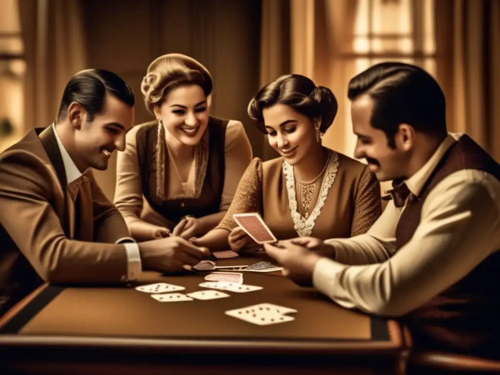 Un ambiente nostálgico y acogedor mientras un grupo disfruta de un juego de cartas. <b>Beneficios de los juegos de cartas.