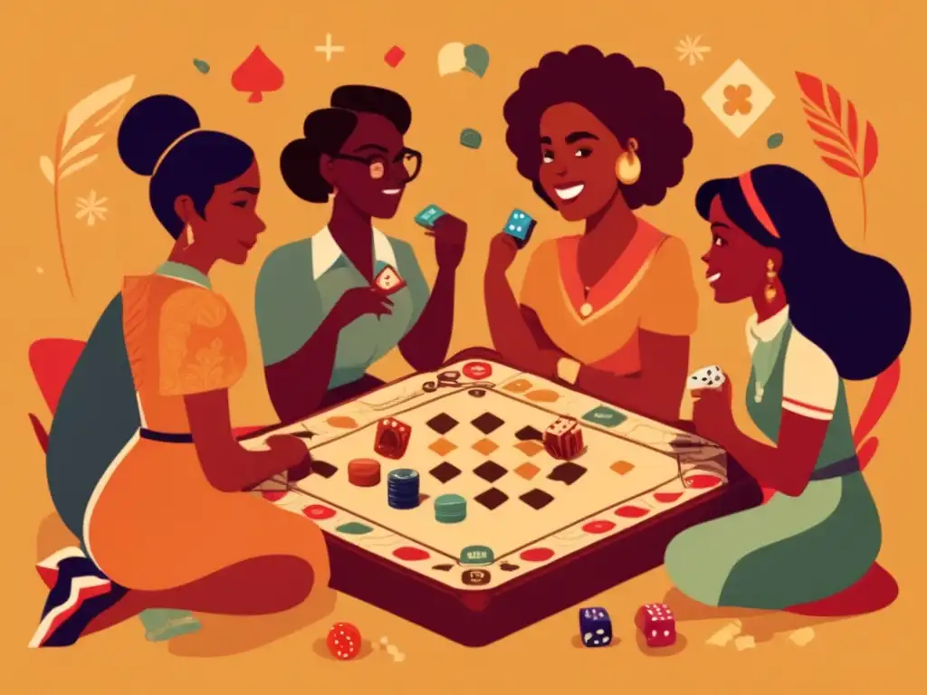 Un ambiente nostálgico y acogedor con mujeres de todas las edades y etnias disfrutando de un juego de mesa vintage. <b>Mujeres en juegos de mesa.