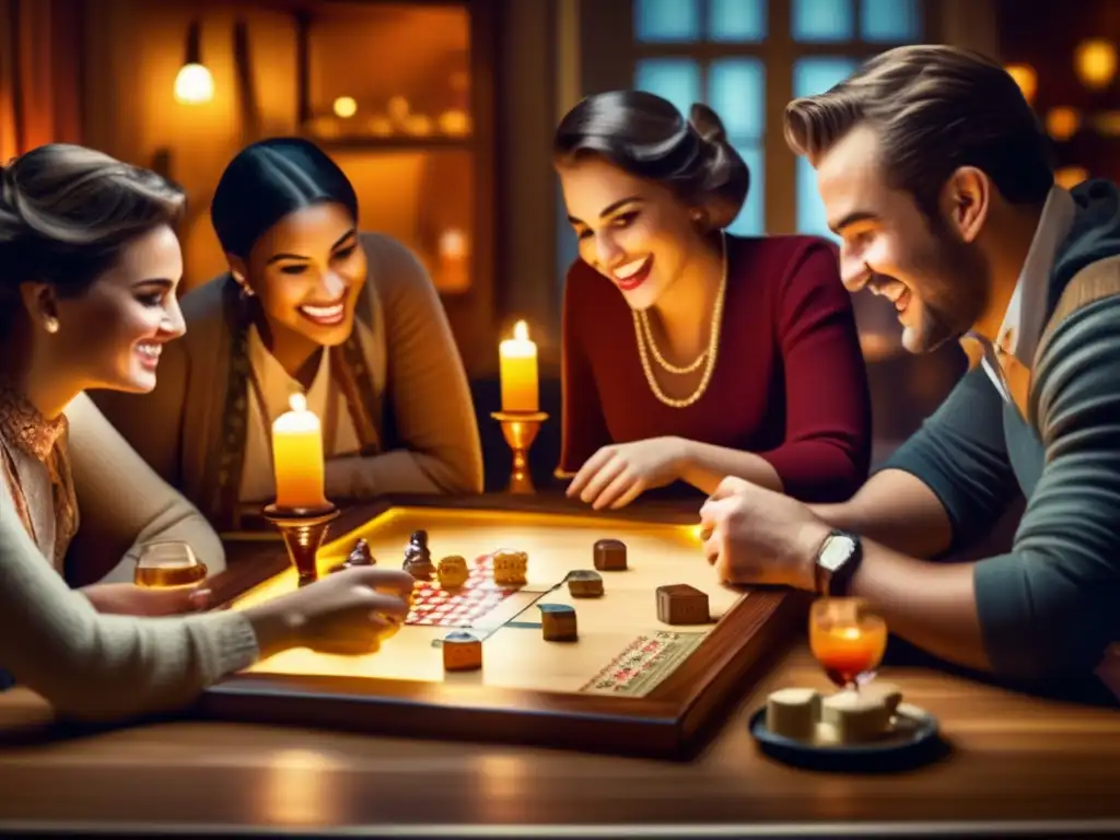 Un ambiente nostálgico con amigos disfrutando de un juego de mesa, evocando el revival de los juegos de mesa tradicionales.