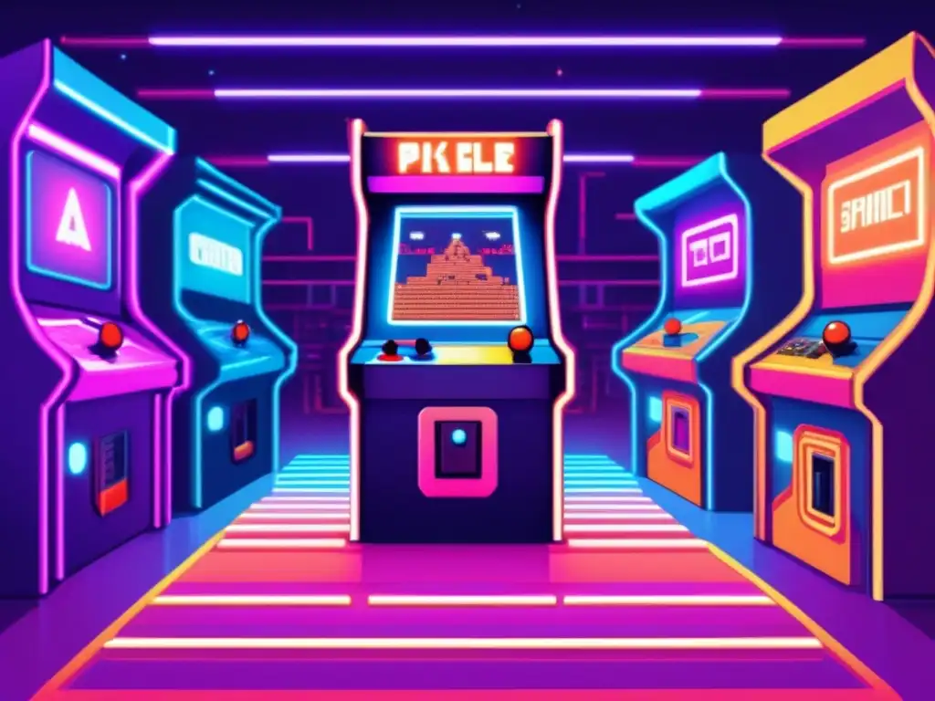 Un ambiente nostálgico de arcade con desafíos de IA en juegos, iluminado por luces de neón.