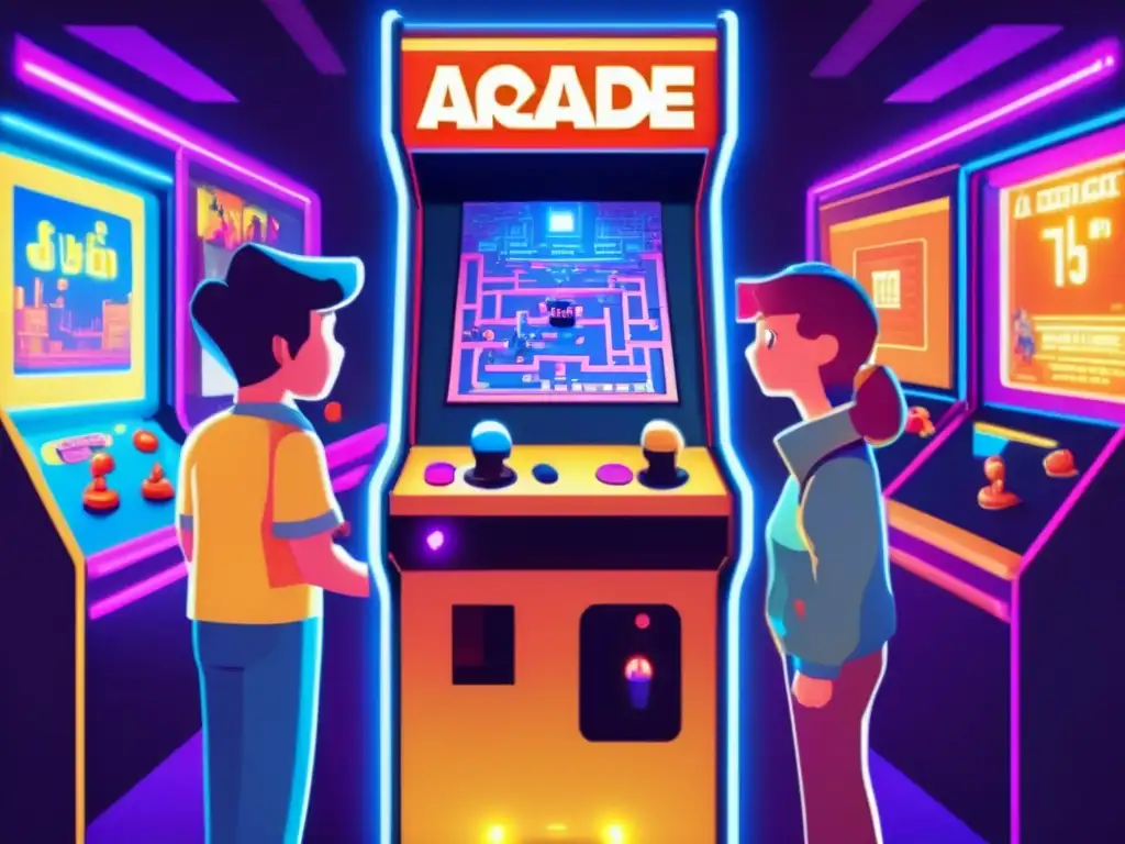 Emoción retro: Jugadores admirando a IA en laberinto pixelado Un ambiente nostálgico de arcade con jugadores retro disfrutando del entrenamiento de inteligencia artificial mediante videojuegos.