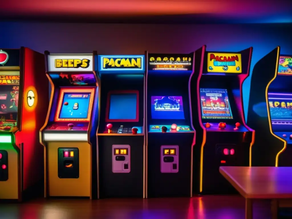 Un ambiente nostálgico de arcade vintage con juegos clásicos y personas riendo. <b>Tendencias tecnológicas futuros videojuegos.