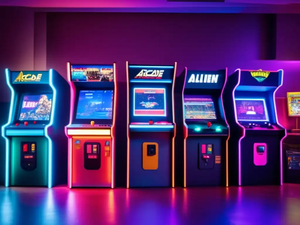 Un ambiente nostálgico de arcade vintage con impacto cultural de los videojuegos, rodeado de luces de neón y diversión retro.