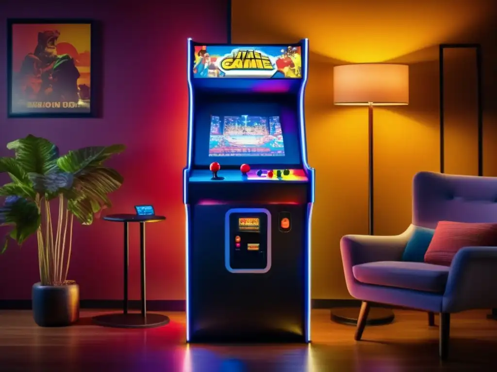Un ambiente nostálgico de arcade vintage con bandas sonoras influyentes de videojuegos, gente disfrutando de los clásicos.