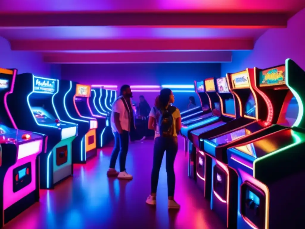 Un ambiente nostálgico de arcade vintage con máquinas retro y jugadores inmersos, capturando la importancia de la música en videojuegos.
