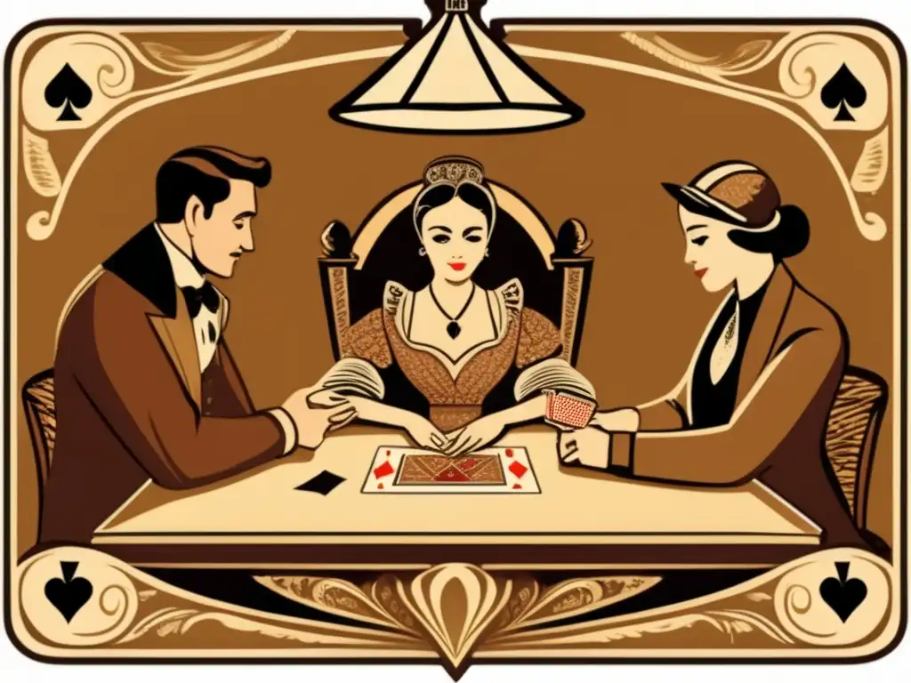Un ambiente nostálgico y concentrado de jugadores de cartas en una ilustración vintage. <b>Influencia juegos cartas habilidades matemáticas.