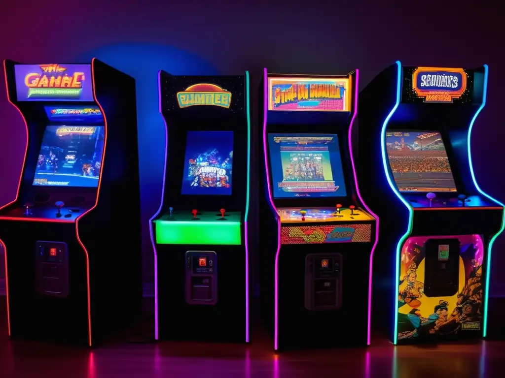 Un ambiente nostálgico y envolvente con una máquina arcade vintage y una vibrante influencia de cultura pop videojuegos indie.