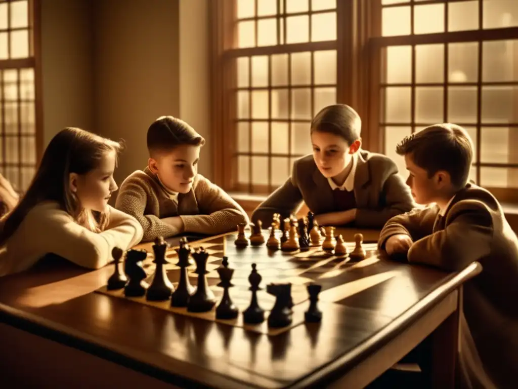 Un ambiente nostálgico de jóvenes estudiantes inmersos en una partida de ajedrez, fomentando el pensamiento estratégico en jóvenes mediante ajedrez.