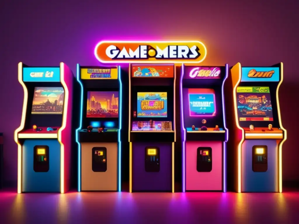 Un ambiente nostálgico de juegos arcade retro con una diversidad de géneros de videojuegos. La escena captura la riqueza de géneros en videojuegos.