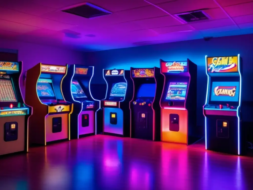 Un ambiente nostálgico de sala de arcade vintage con adultos inmersos en juegos intensos, capturando el impacto psicológico de los videojuegos.