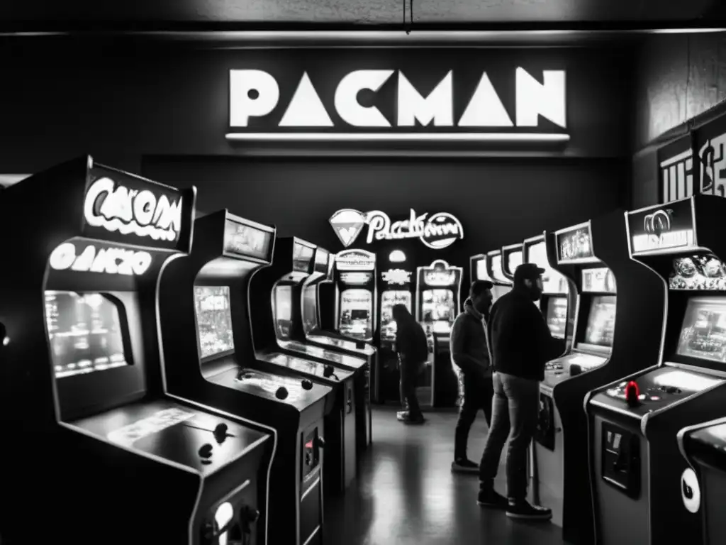 Un ambiente nostálgico de una sala de arcade vintage llena de gente disfrutando de clásicos videojuegos como PacMan, Space Invaders y Donkey Kong. El lugar está tenue iluminado con letreros de neón brillando de fondo, y los jugadores están completamente absortos en los juegos, mostrando expresiones