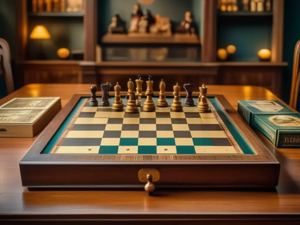 Un ambiente nostálgico con tablero de ajedrez antiguo y juegos de mesa variados que reflejan la historia de género y los juegos milenarios.