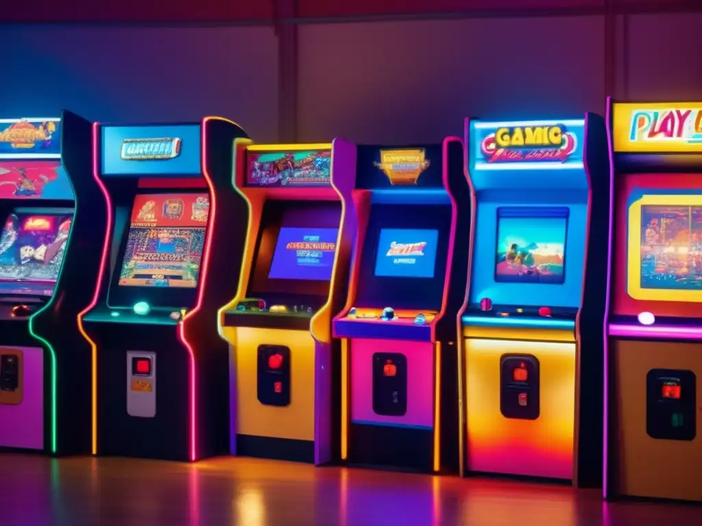 Un ambiente retro de arcade con jugadores entusiasmados y un gabinete vintage iluminado. <b>Impacto económico microtransacciones videojuegos.