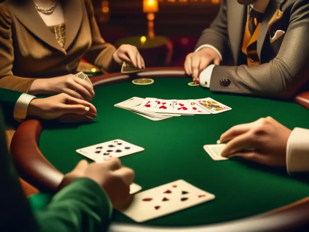 Un ambiente retro de elegancia y camaradería en un juego de cartas, evocando los beneficios de los juegos de cartas.