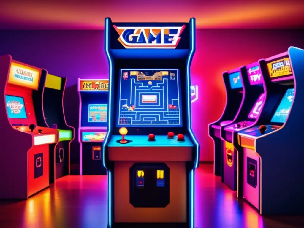 Un ambiente retro con una máquina de arcade vintage, rodeada de posters 8bit y luces de neón. <b>Personas emocionadas observan un videojuego pixelado con una nave espacial.</b> <b>Entrenamiento de inteligencia artificial mediante videojuegos.