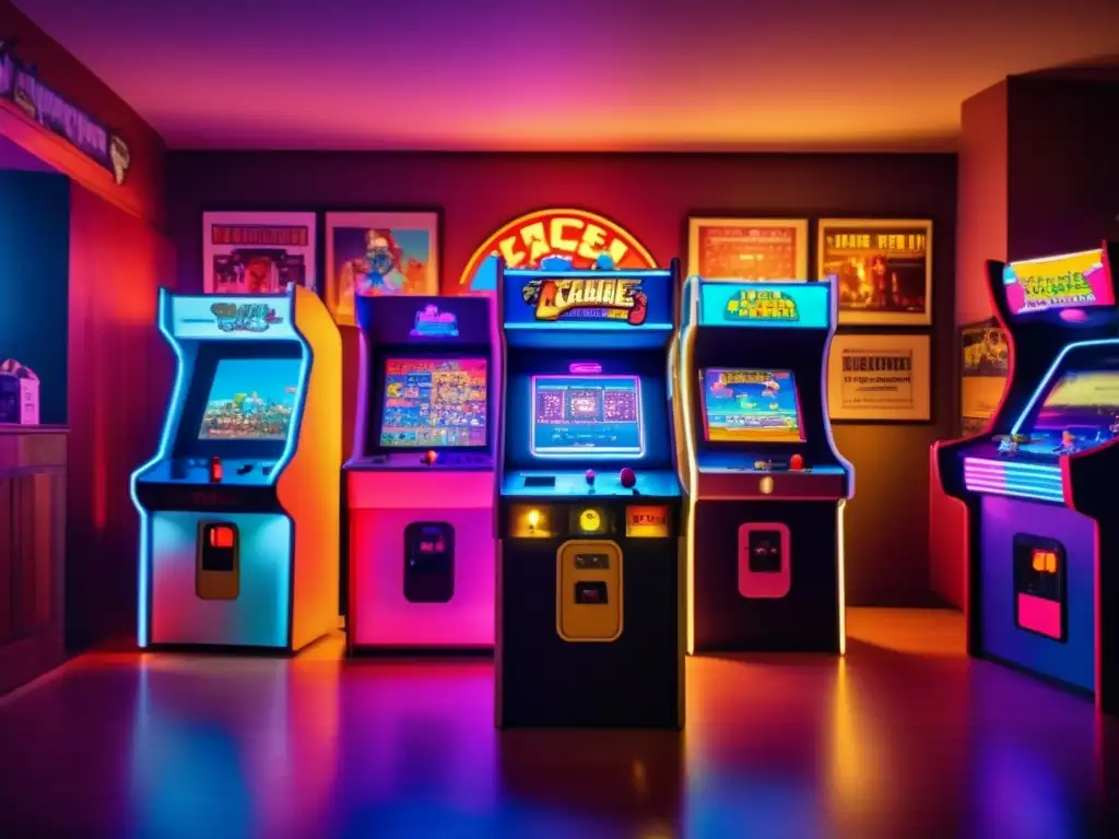 Un ambiente retro con una máquina arcade iluminada y personas disfrutando de juegos clásicos. <b>Influencia de videojuegos en series de televisión.