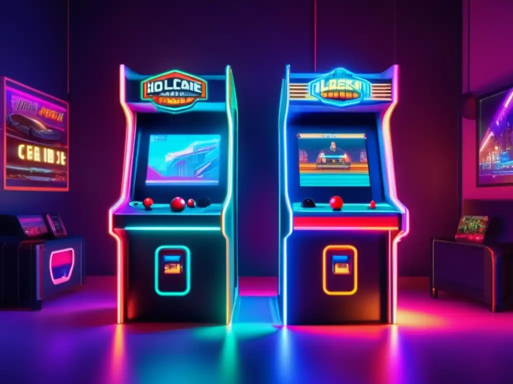 Un ambiente retrofuturista de arcade con máquina de videojuegos holográfica, mostrando la evolución gráfica de los juegos de realidad virtual.