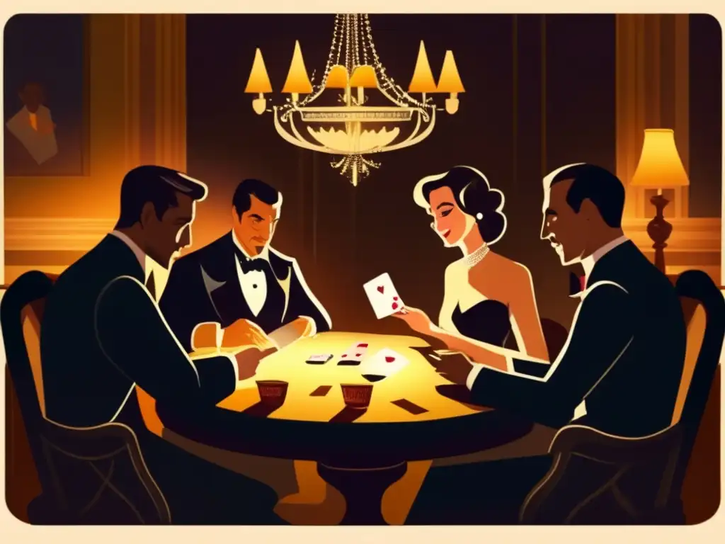 Un ambiente tenso y dramático en una sala ahumada, donde elegantes individuos juegan cartas bajo la luz de un candelabro. <b>Dinámica de juegos de cartas palpable en las expresiones.